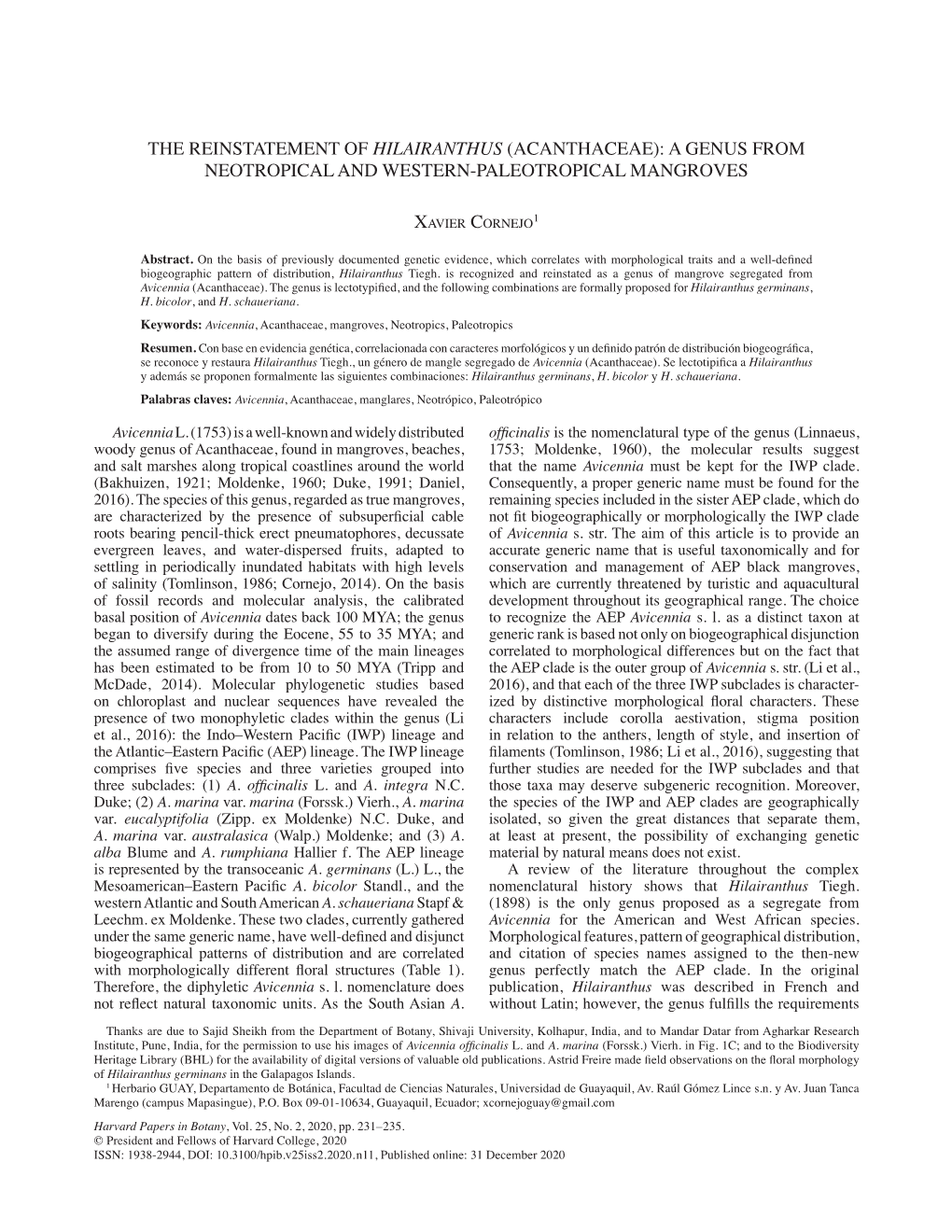 Acanthaceae): a Genus from Neotropical and Western-Paleotropical Mangroves