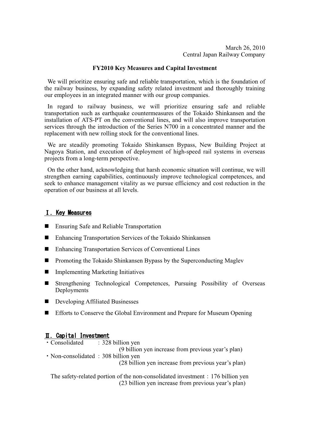 FY2010 Key Measures and Capital Investment