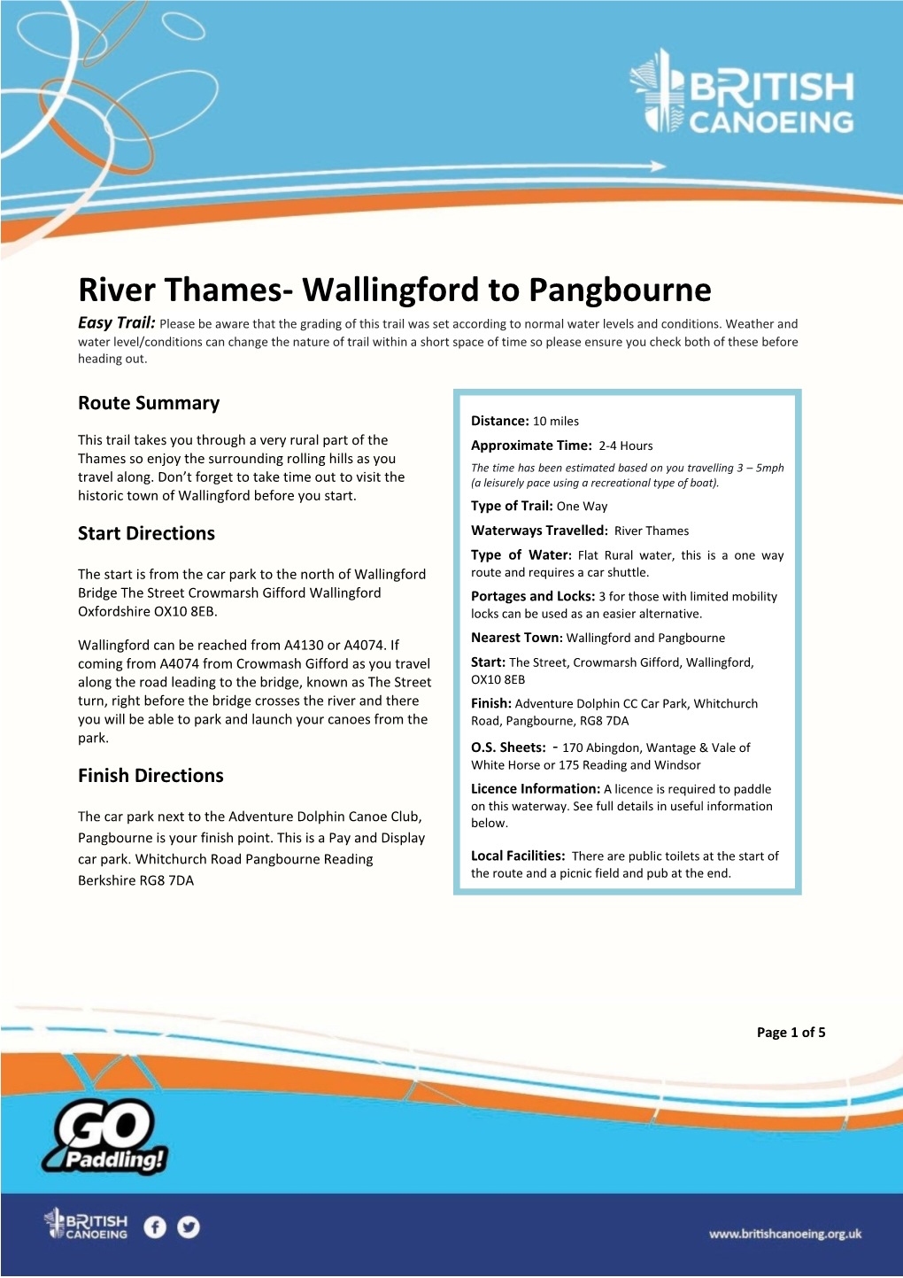 River Thames- Wallingford to Pangbourne Easy Trail: Please Be Aware That the Grading of This Trail Was Set According to Normal Water Levels and Conditions