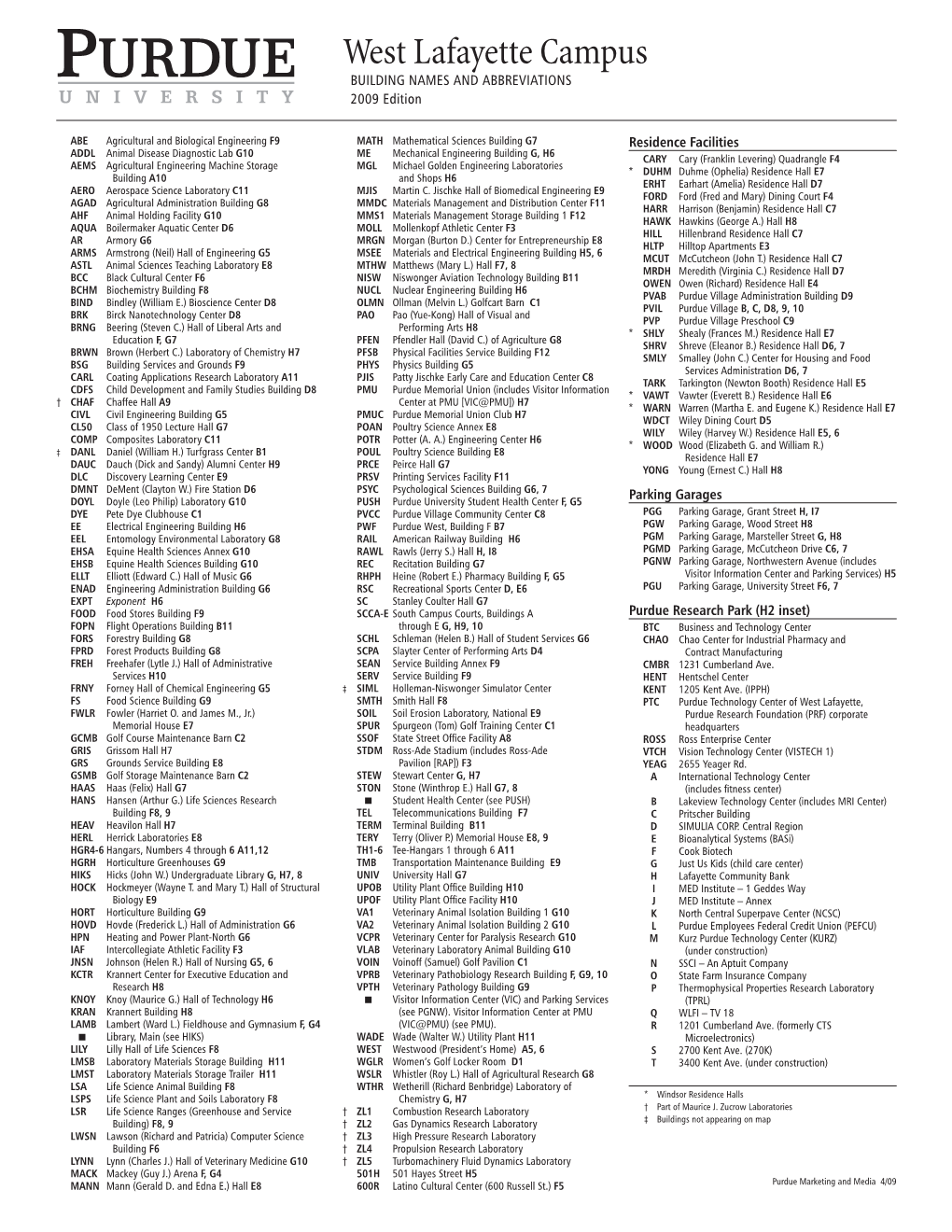 West Lafayette Campus Building Names and Abbreviations 2009 Edition