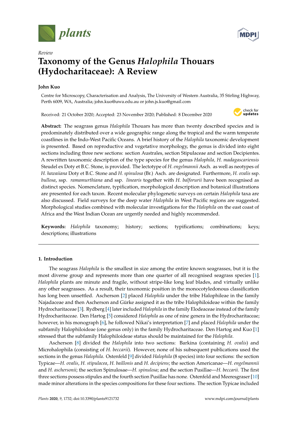 Taxonomy of the Genus Halophila Thouars (Hydocharitaceae): a Review