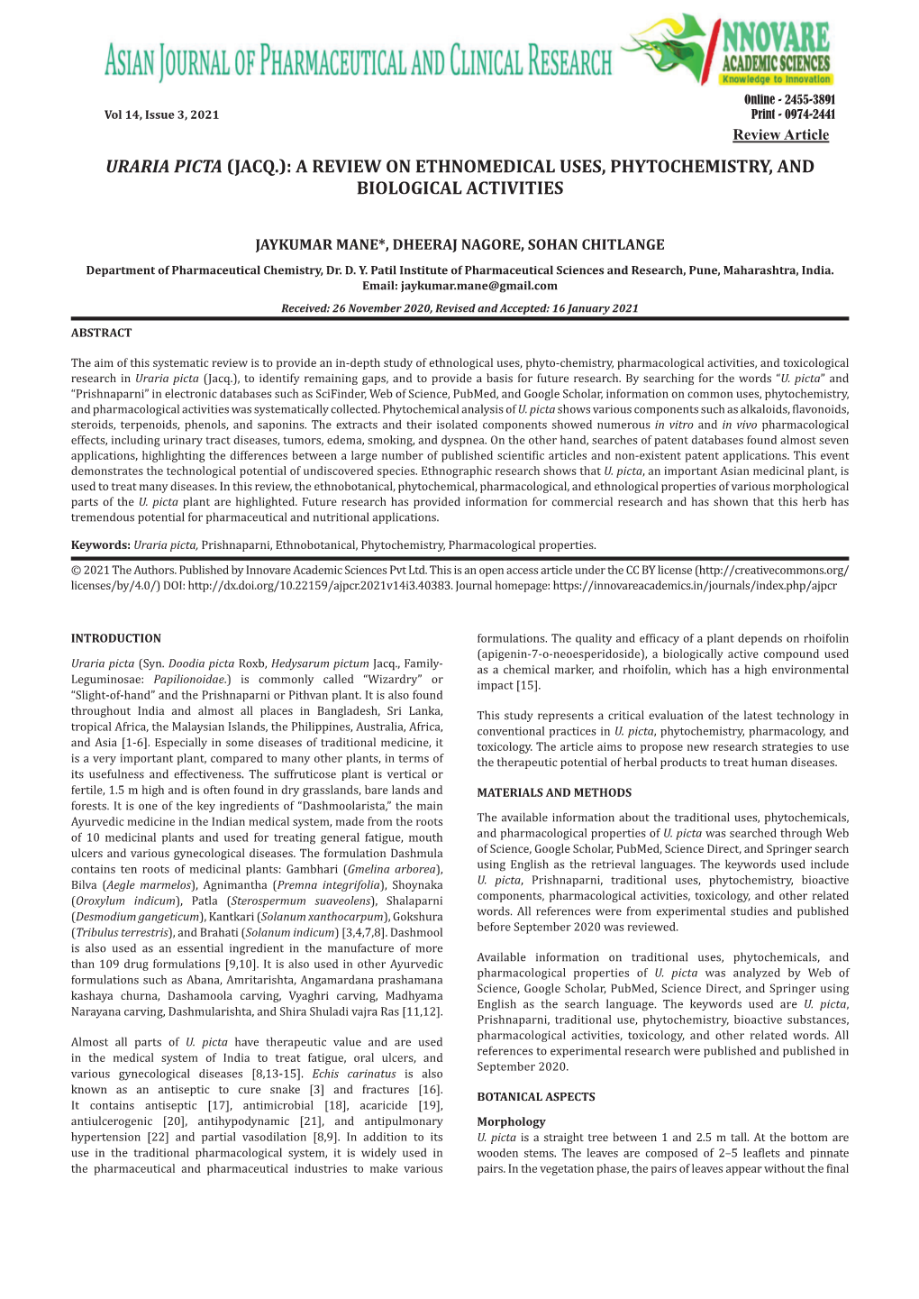 Uraria Picta (Jacq.): a Review on Ethnomedical Uses, Phytochemistry, and Biological Activities