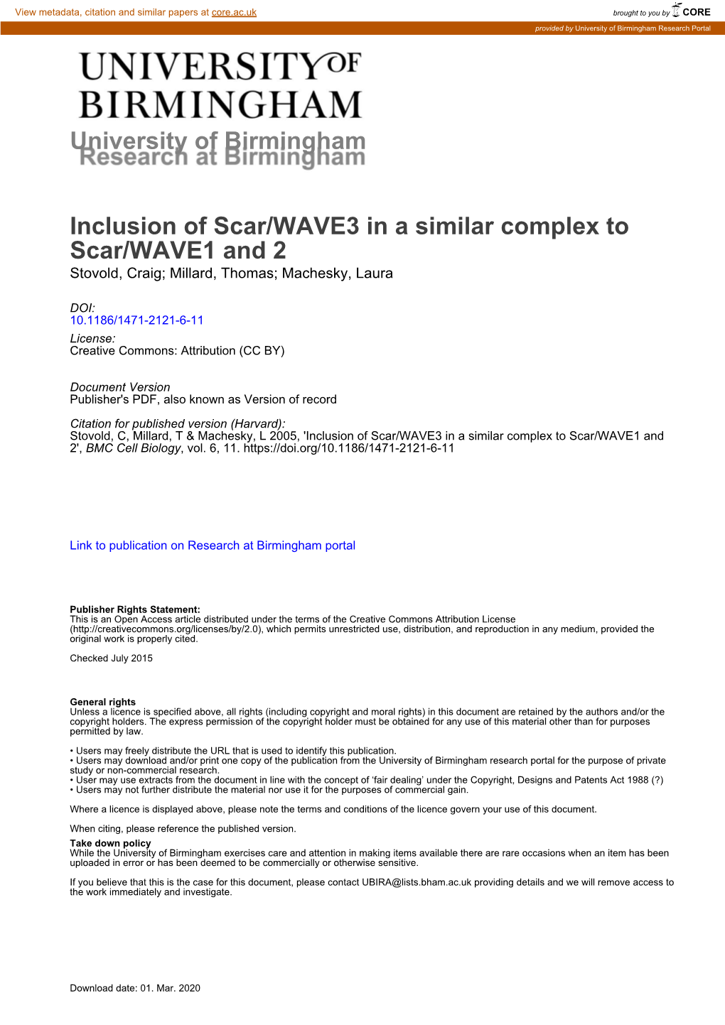 University of Birmingham Inclusion of Scar/WAVE3 in a Similar