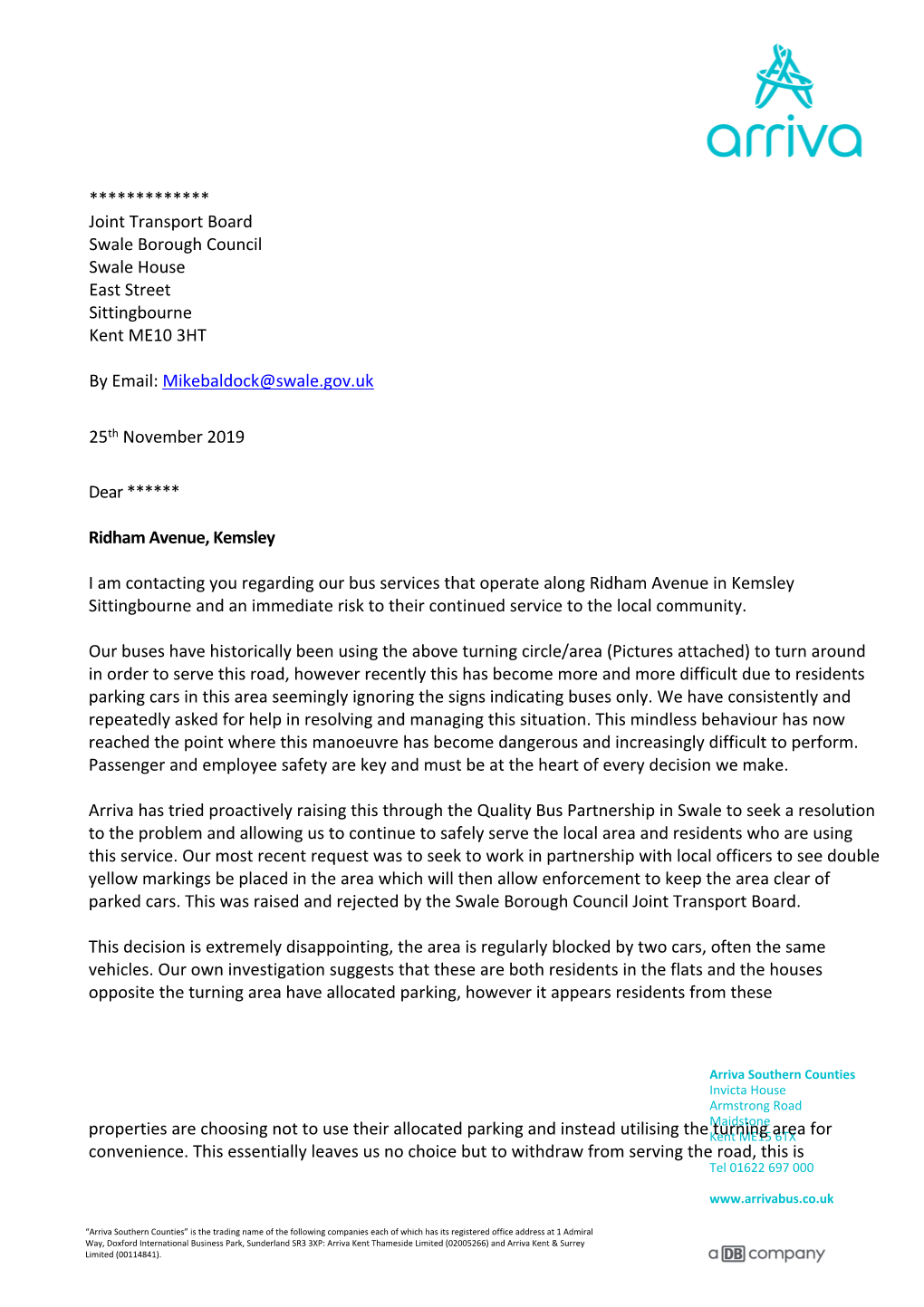 Letter from Arriva
