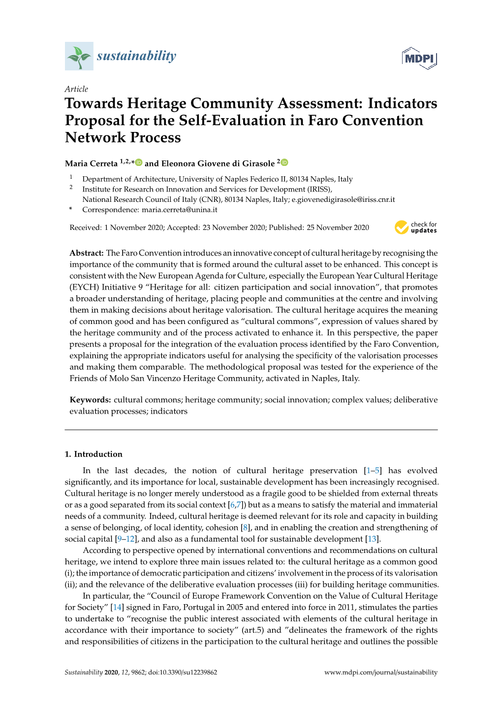 Towards Heritage Community Assessment: Indicators Proposal for the Self-Evaluation in Faro Convention Network Process