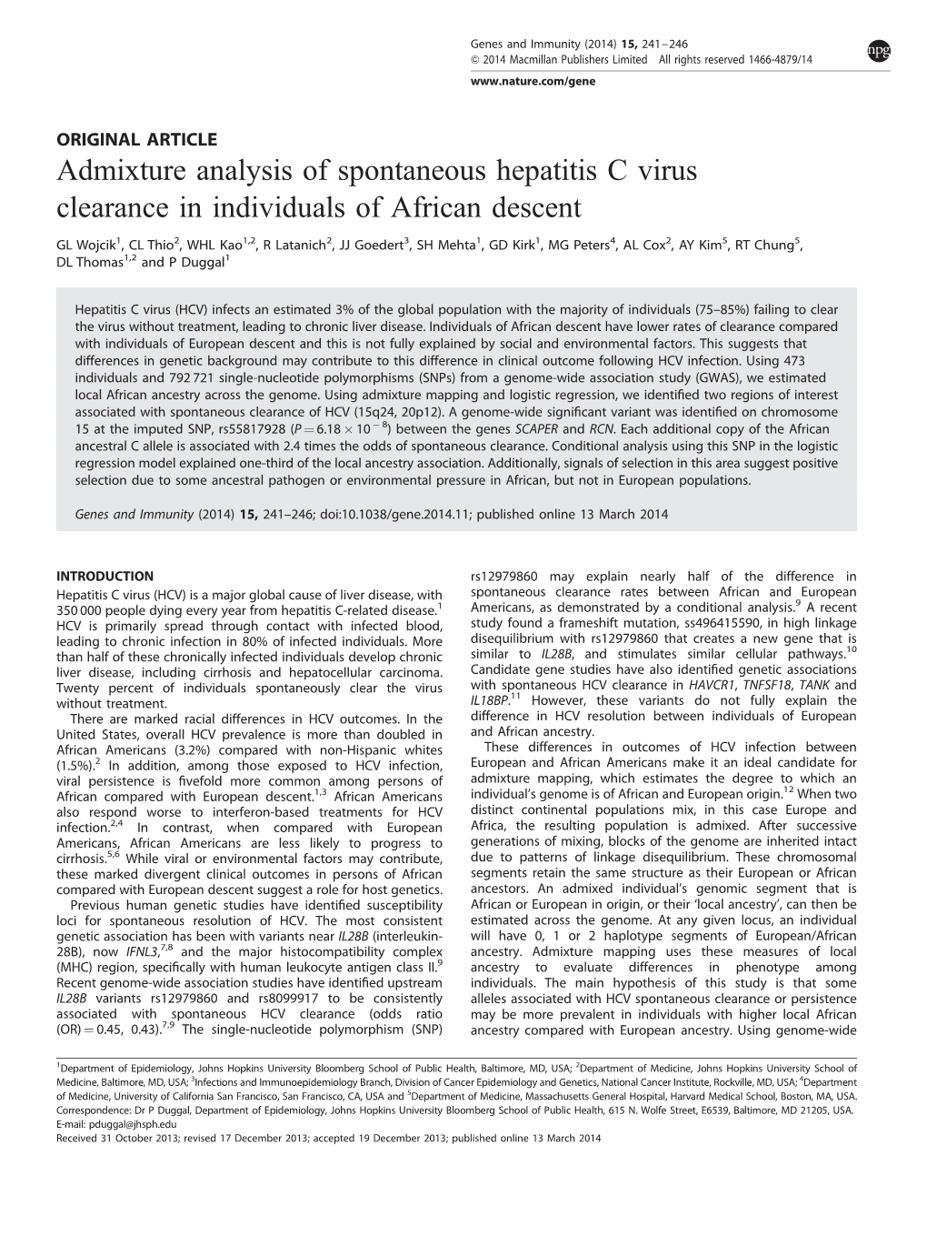 Admixture Analysis of Spontaneous Hepatitis C Virus Clearance in Individuals of African Descent