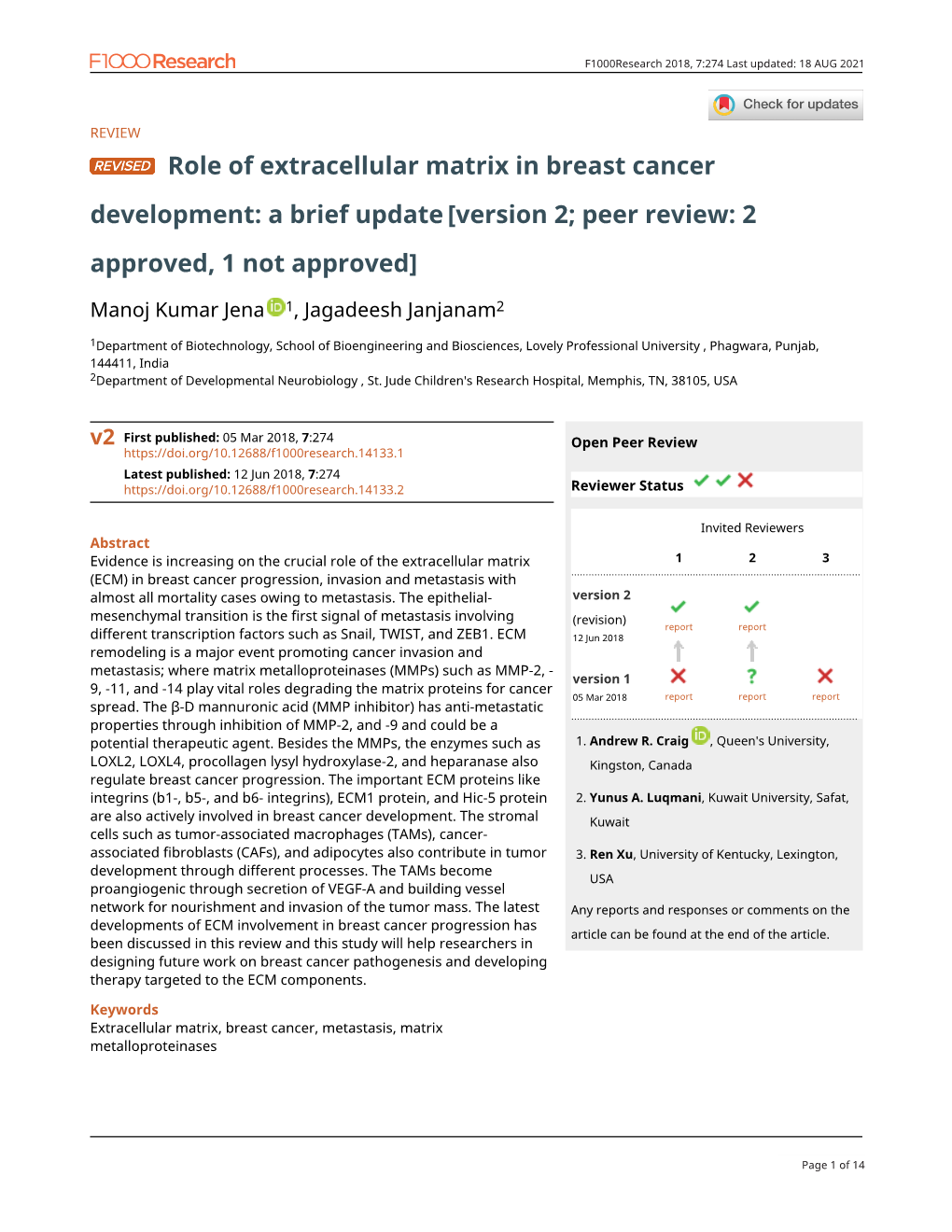 Role of Extracellular Matrix in Breast Cancer Development: a Brief Update [Version 2; Peer Review: 2 Approved, 1 Not Approved]