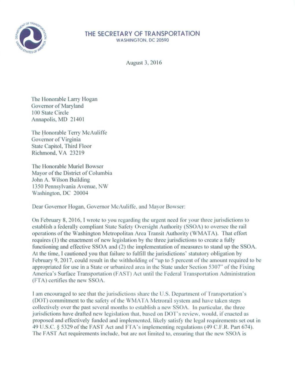 US DOT Secretary Foxx Letter to DC Area Jurisdictions on SSOA