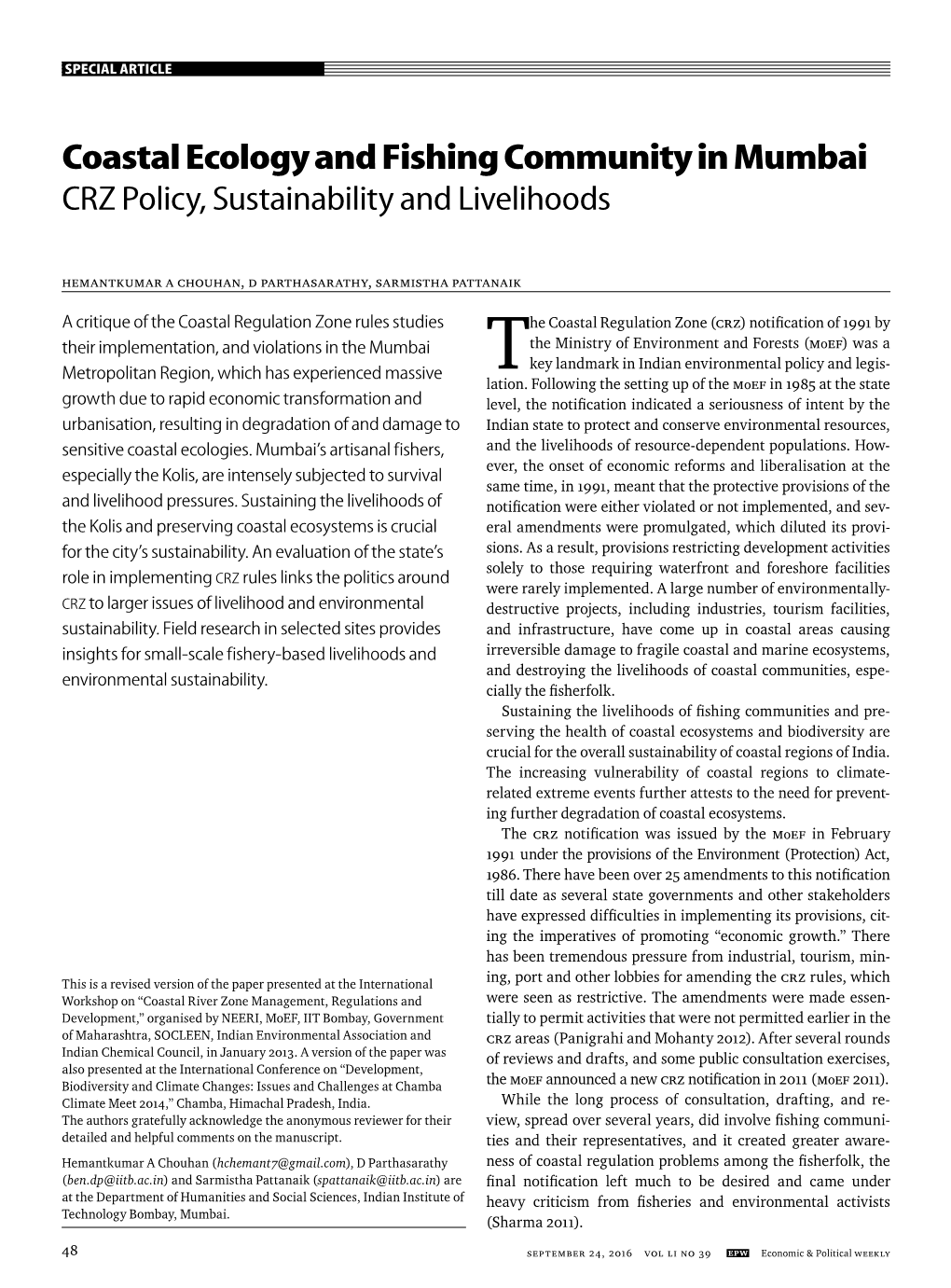Coastal Ecology and Fishing Community in Mumbai CRZ Policy, Sustainability and Livelihoods