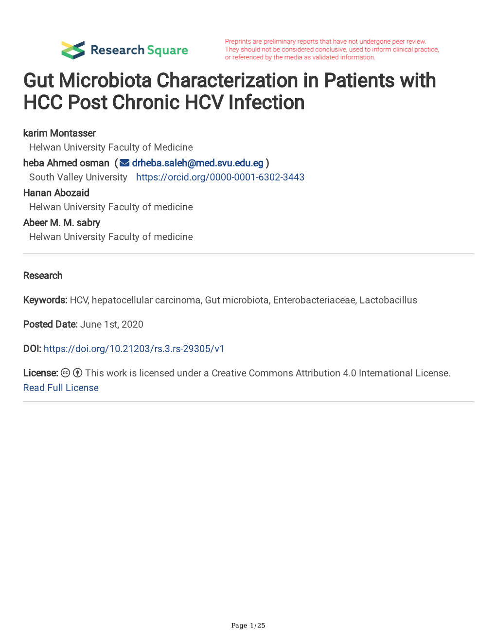 Gut Microbiota Characterization in Patients with HCC Post Chronic HCV Infection