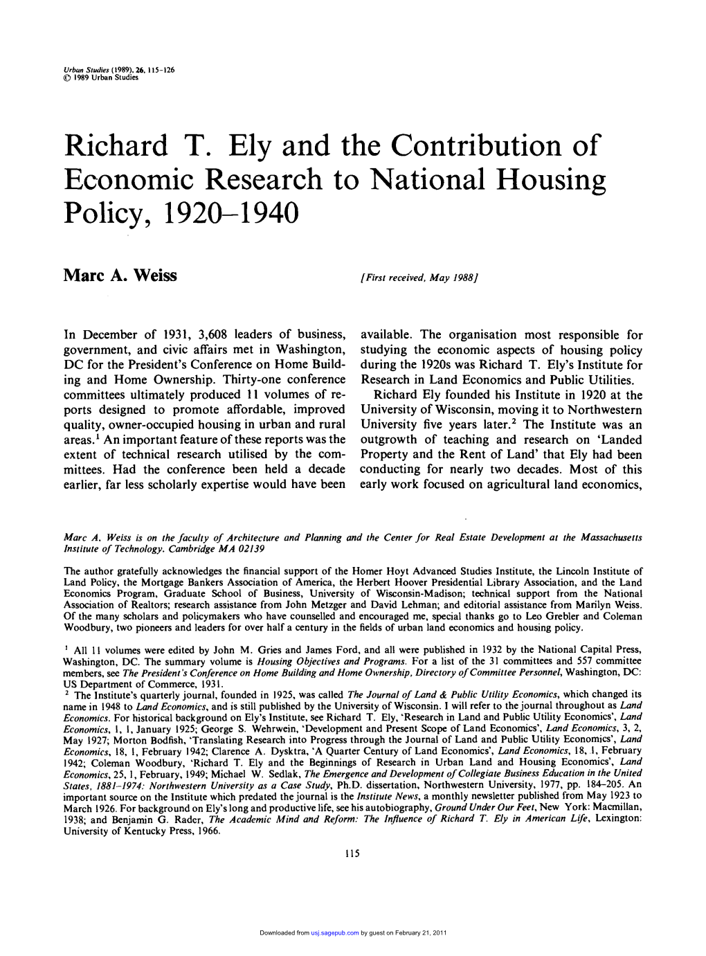 Richard T. Ely and the Contribution of Economic Research to National Housing Policy, 1920-1940