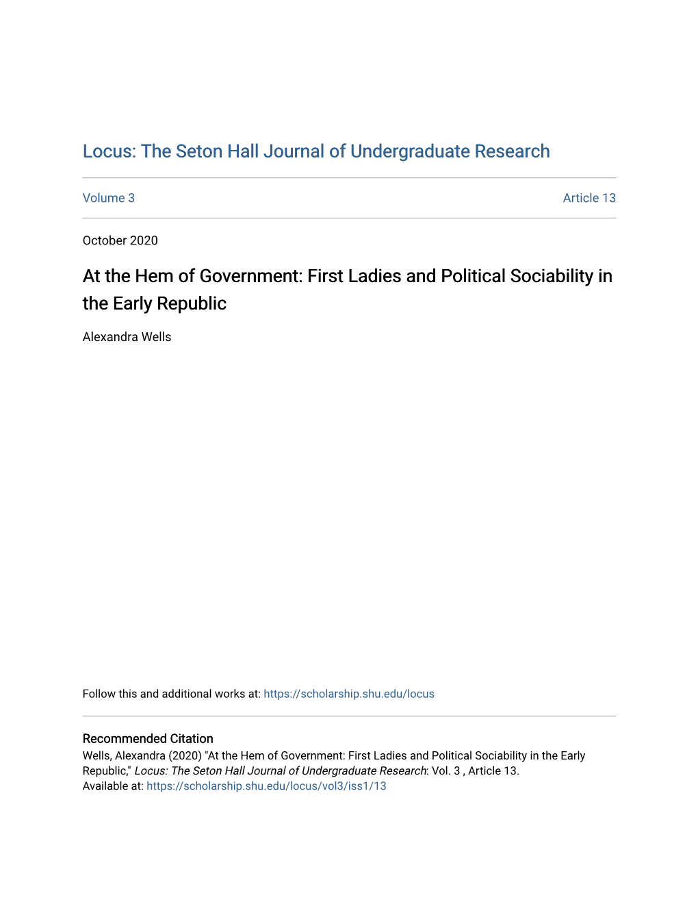 At the Hem of Government: First Ladies and Political Sociability in the Early Republic