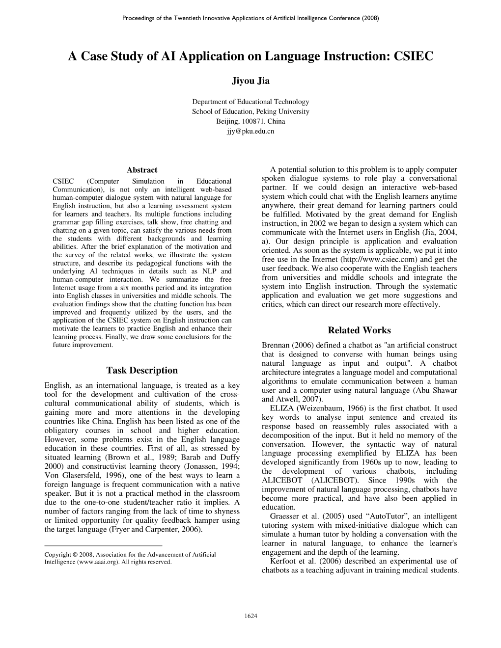 A Case Study of AI Application on Language Instruction: CSIEC