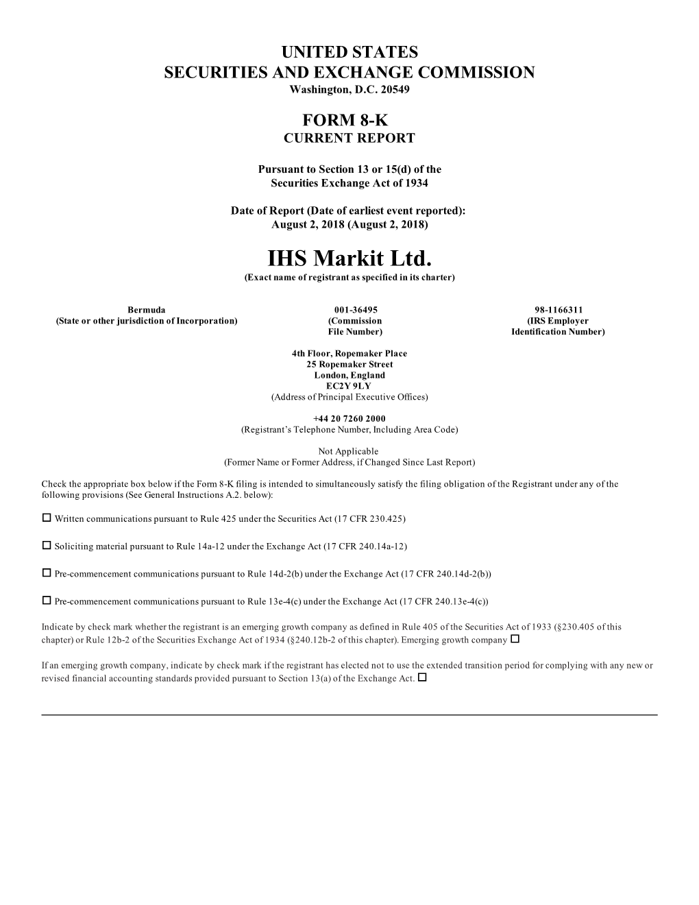 IHS Markit Ltd. (Exact Name of Registrant As Specified in Its Charter)