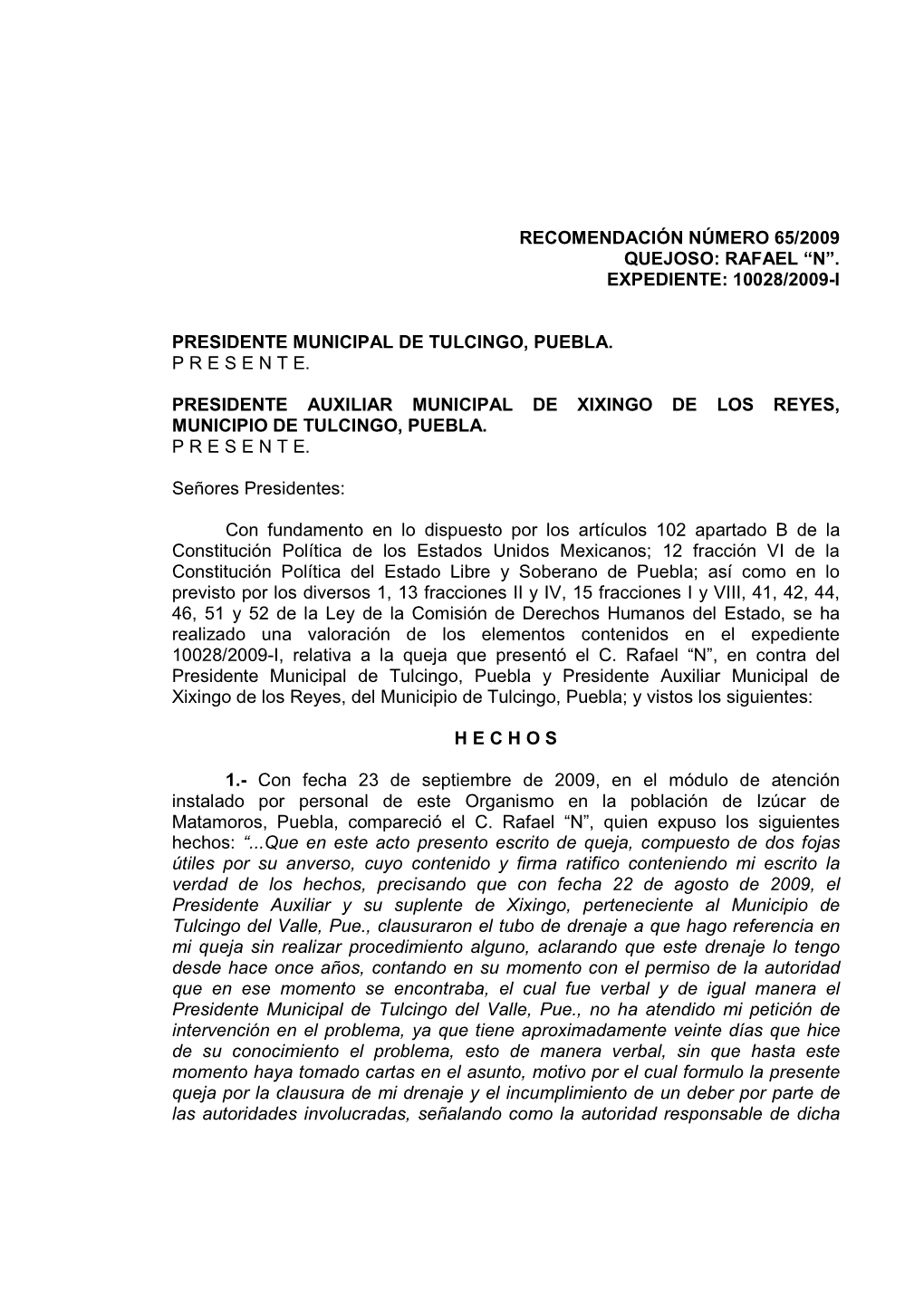 10028/2009-I Presidente Municipal De Tulcingo