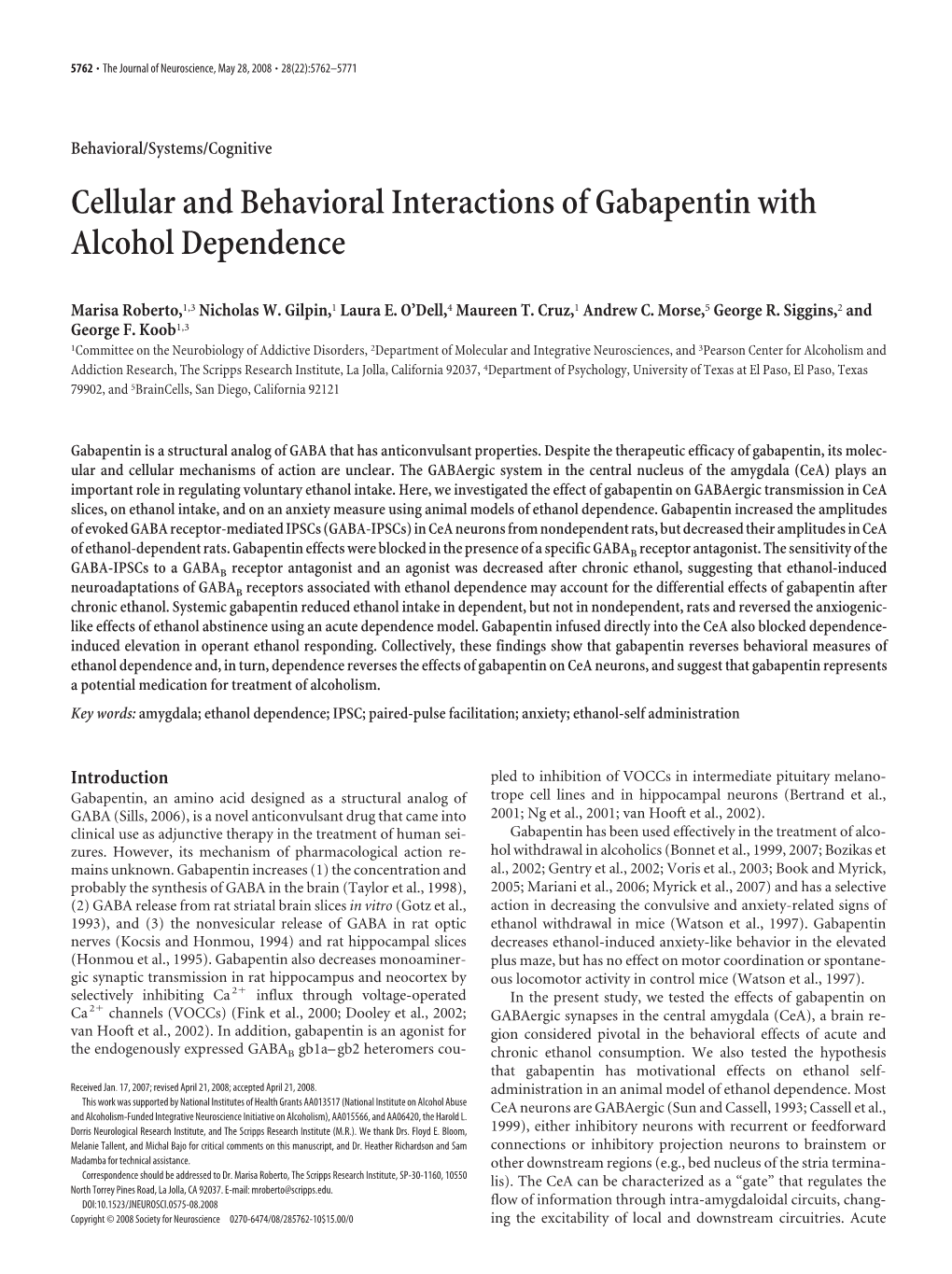 Cellular and Behavioral Interactions of Gabapentin with Alcohol Dependence