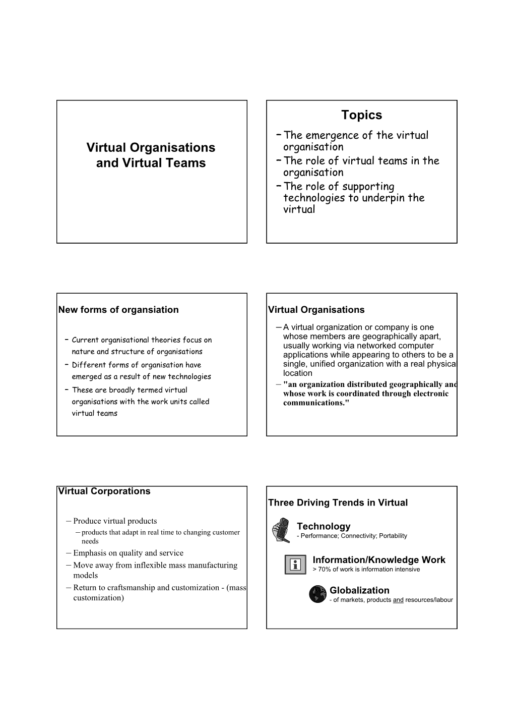Virtual Organisations and Virtual Teams Topics