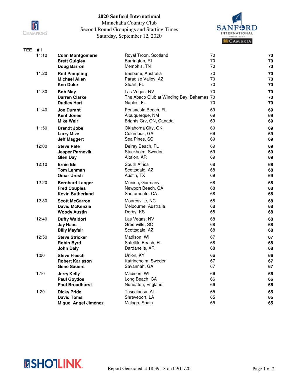 2020 Sanford International Minnehaha Country Club Second Round Groupings and Starting Times Saturday, September 12, 2020