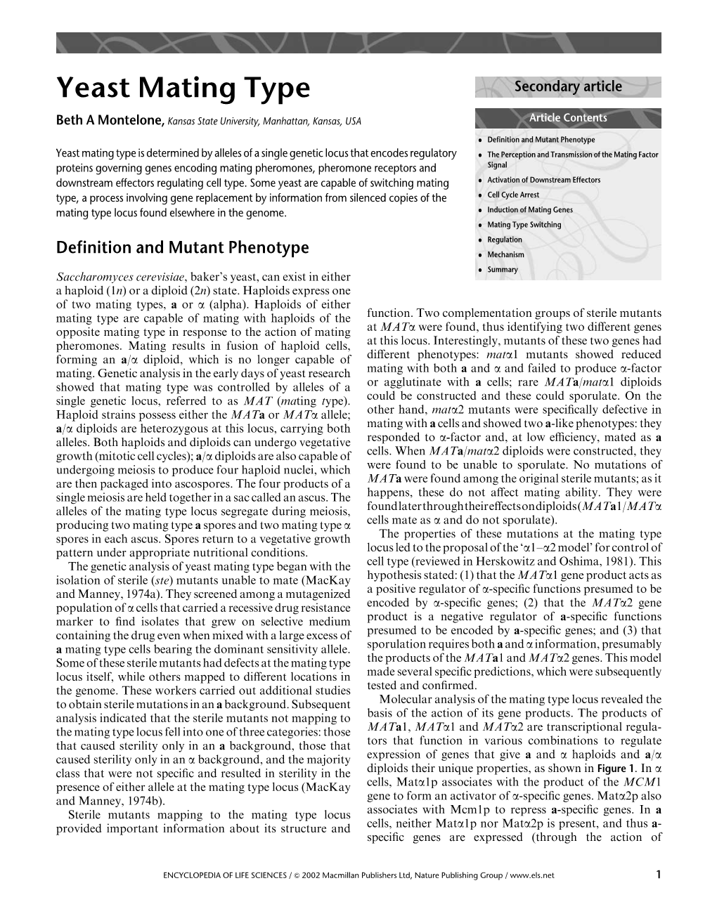 Yeast Mating Type Secondary Article