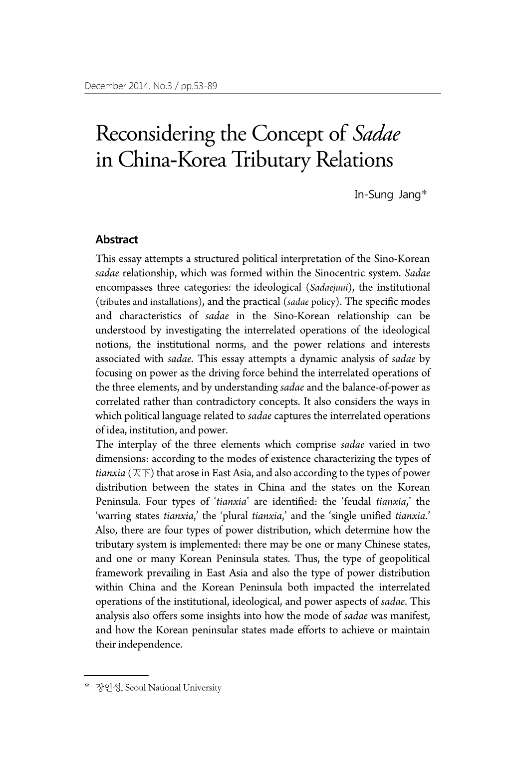 In-Sung JANG : Reconsidering the Concept of Sadae in China-Korea