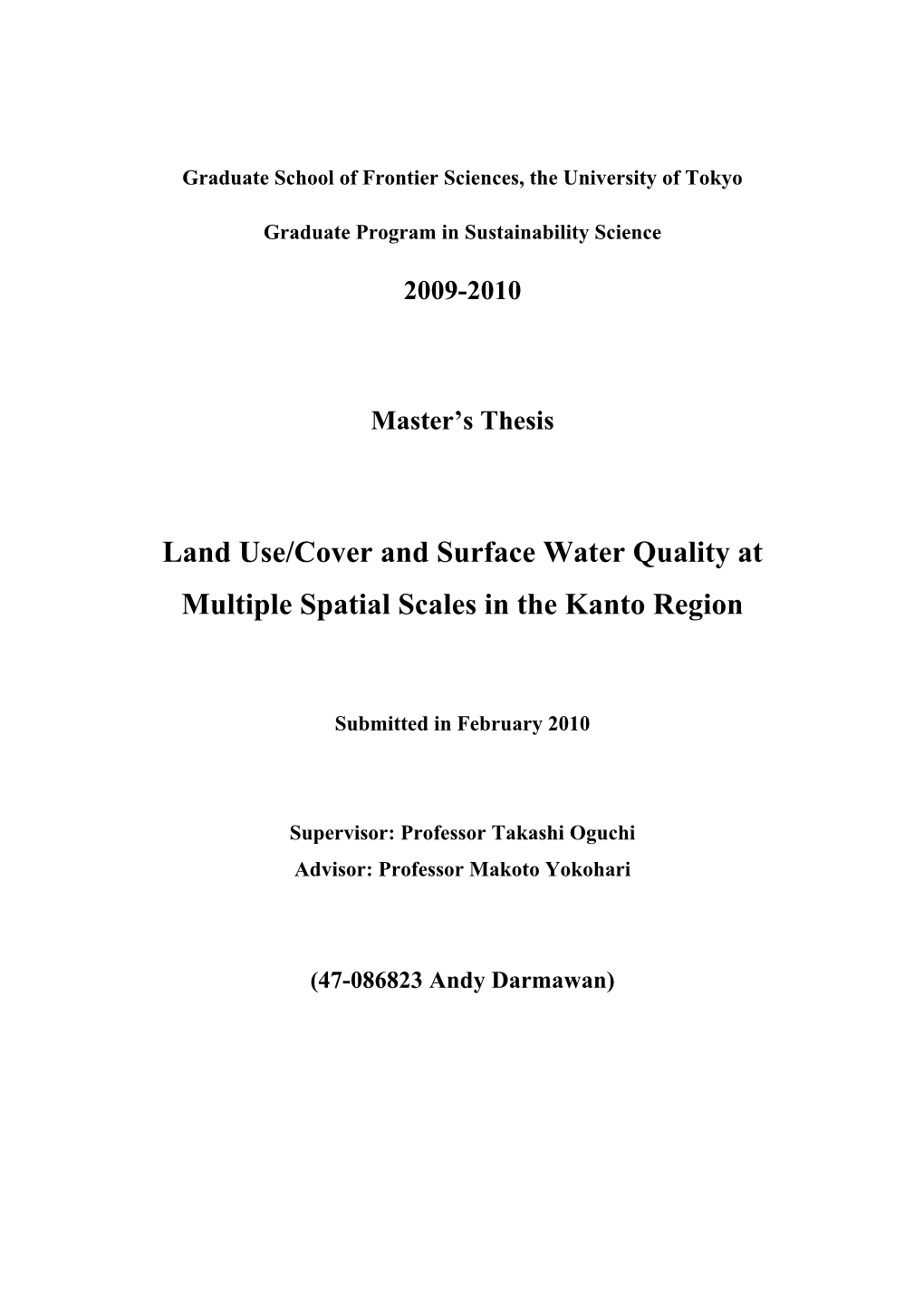 Land Use/Cover and Surface Water Quality at Multiple Spatial Scales in the Kanto Region