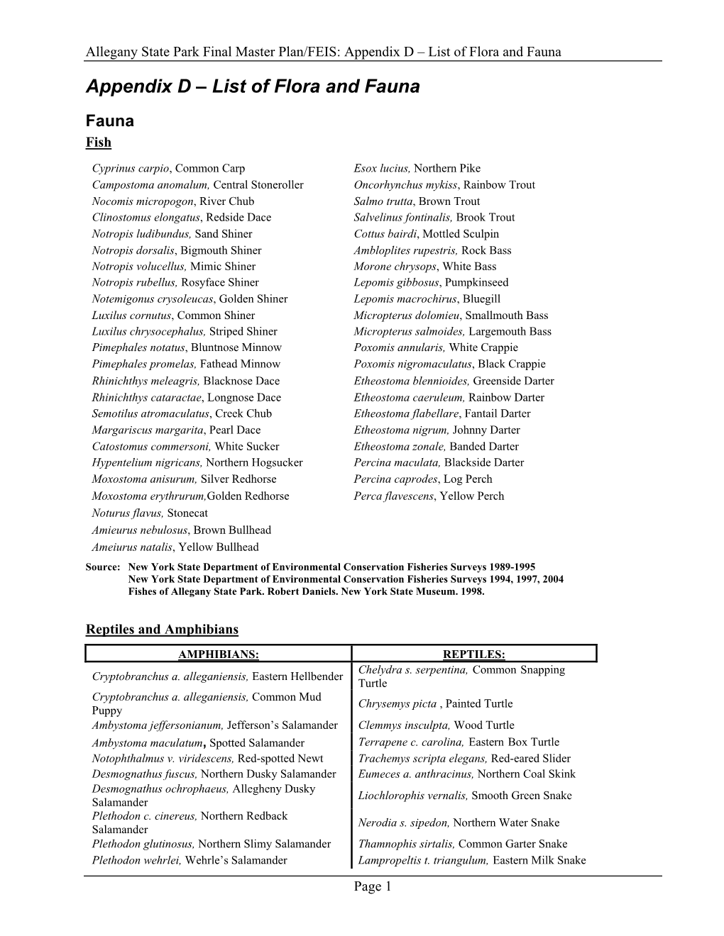 Allegany State Park Final Master Plan/FEIS: Appendix D – List of Flora and Fauna Appendix D – List of Flora and Fauna