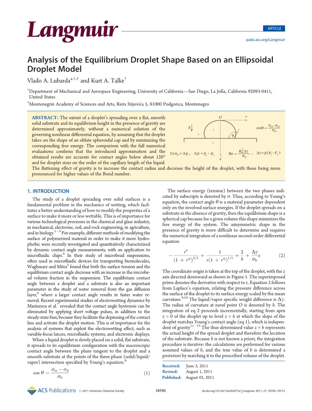 Analysis of the Equilibrium Droplet Shape Based on an Ellipsoidal Droplet Model Vlado A