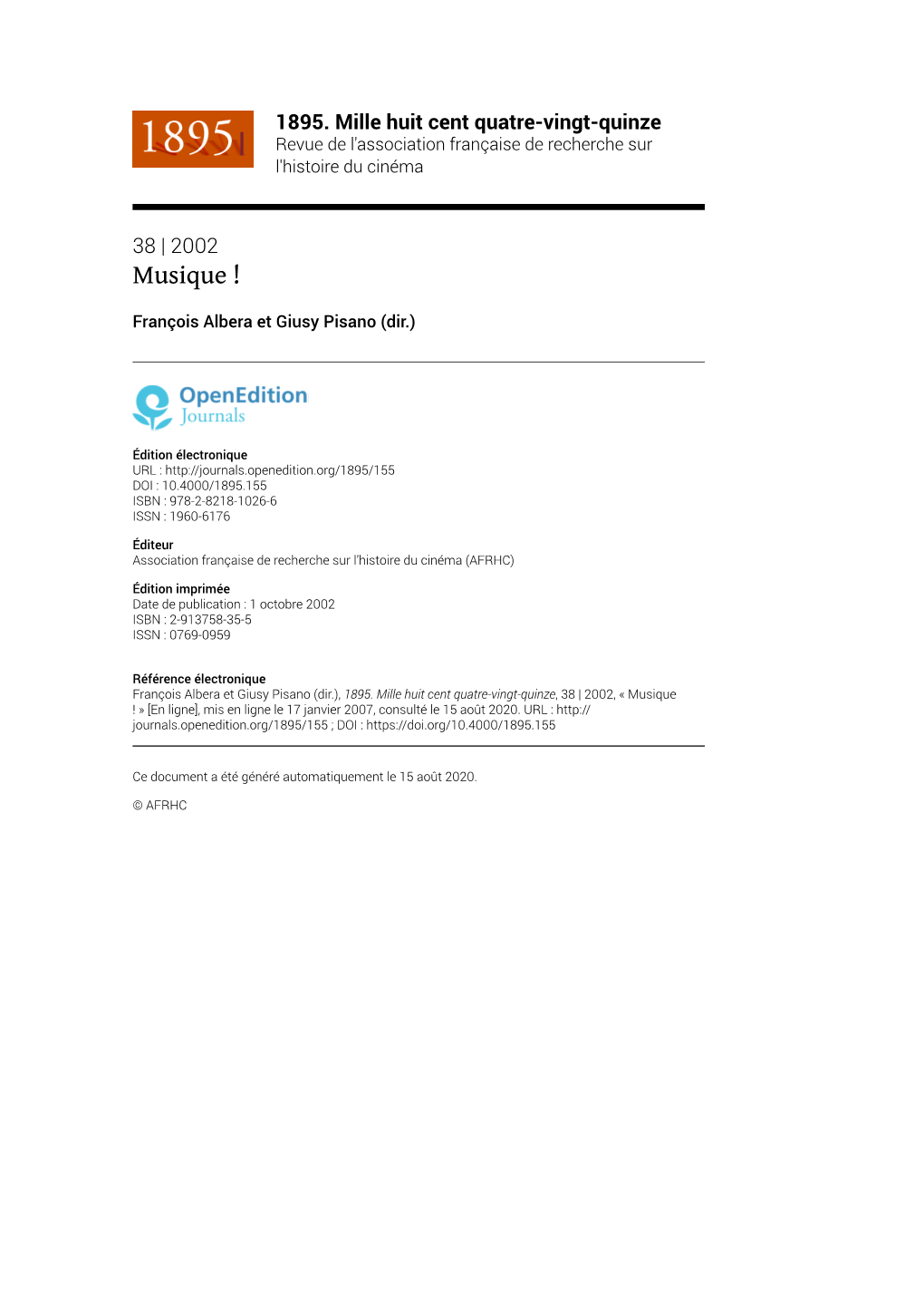 1895. Mille Huit Cent Quatre-Vingt-Quinze, 38 | 2002, « Musique ! » [En Ligne], Mis En Ligne Le 17 Janvier 2007, Consulté Le 15 Août 2020