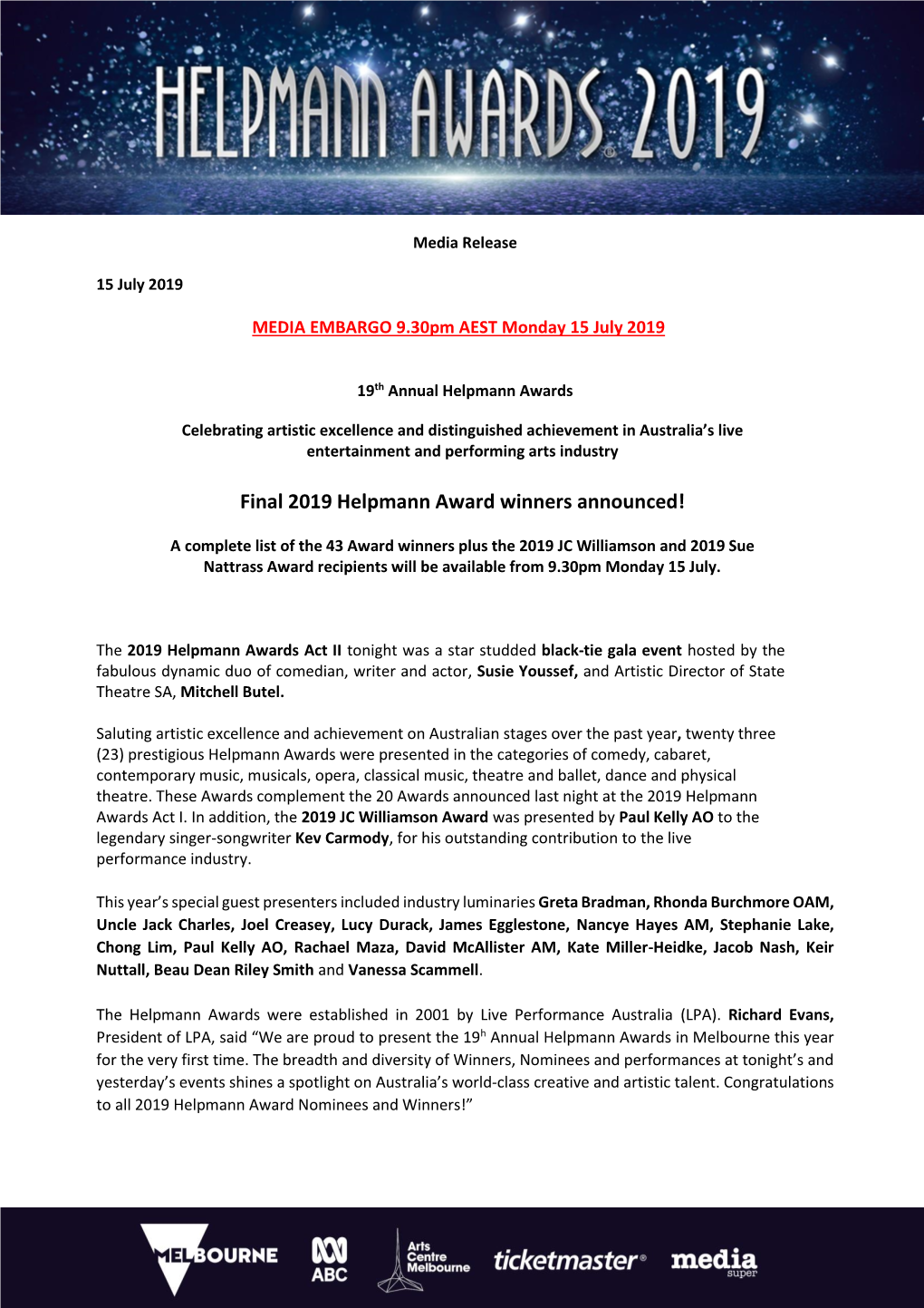 Final 2019 Helpmann Award Winners Announced!