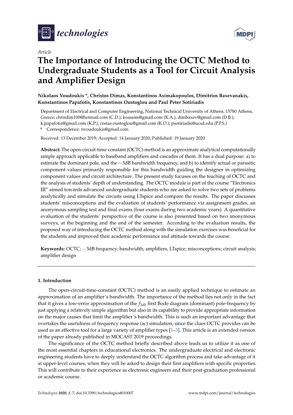 The Importance of Introducing the OCTC Method to Undergraduate Students As a Tool for Circuit Analysis and Ampliﬁer Design