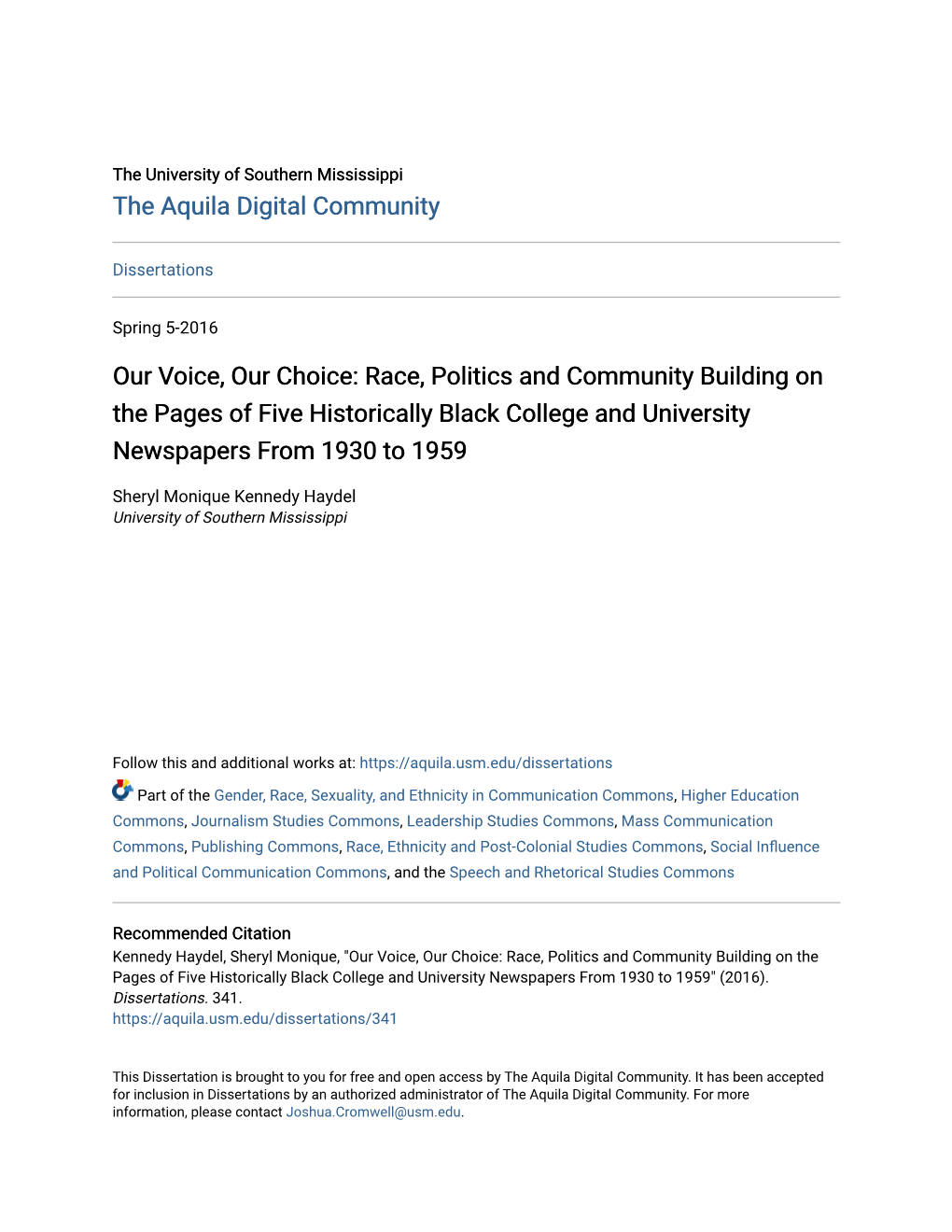 Race, Politics and Community Building on the Pages of Five Historically Black College and University Newspapers from 1930 to 1959