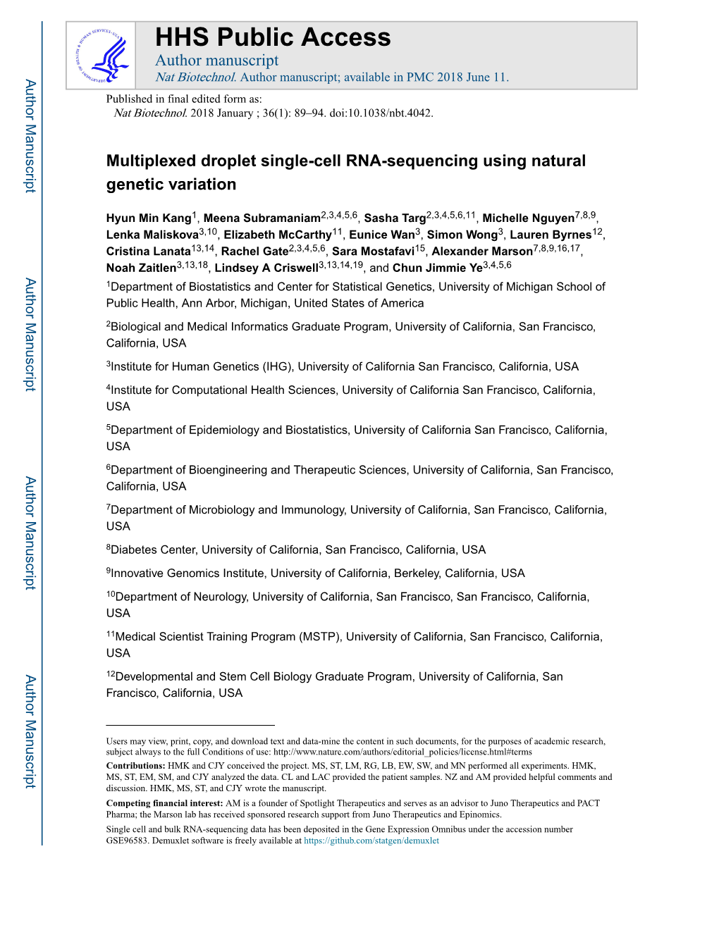 Multiplexed Droplet Single-Cell RNA-Sequencing Using Natural Genetic Variation