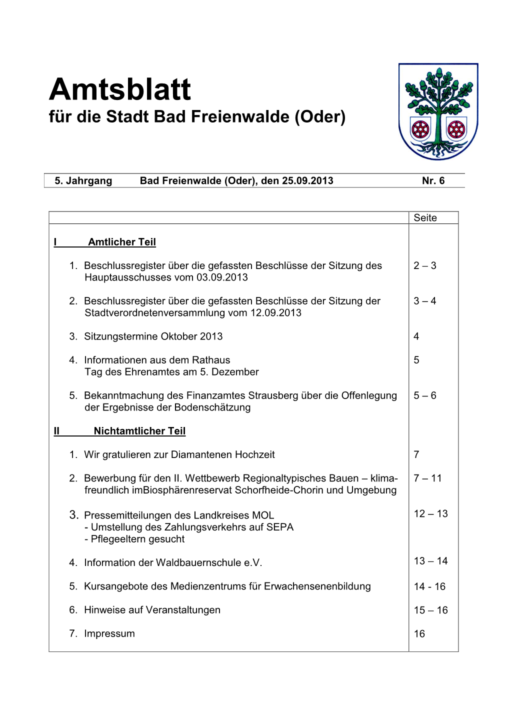 Amtsblatt Für Die Stadt Bad Freienwalde (Oder)