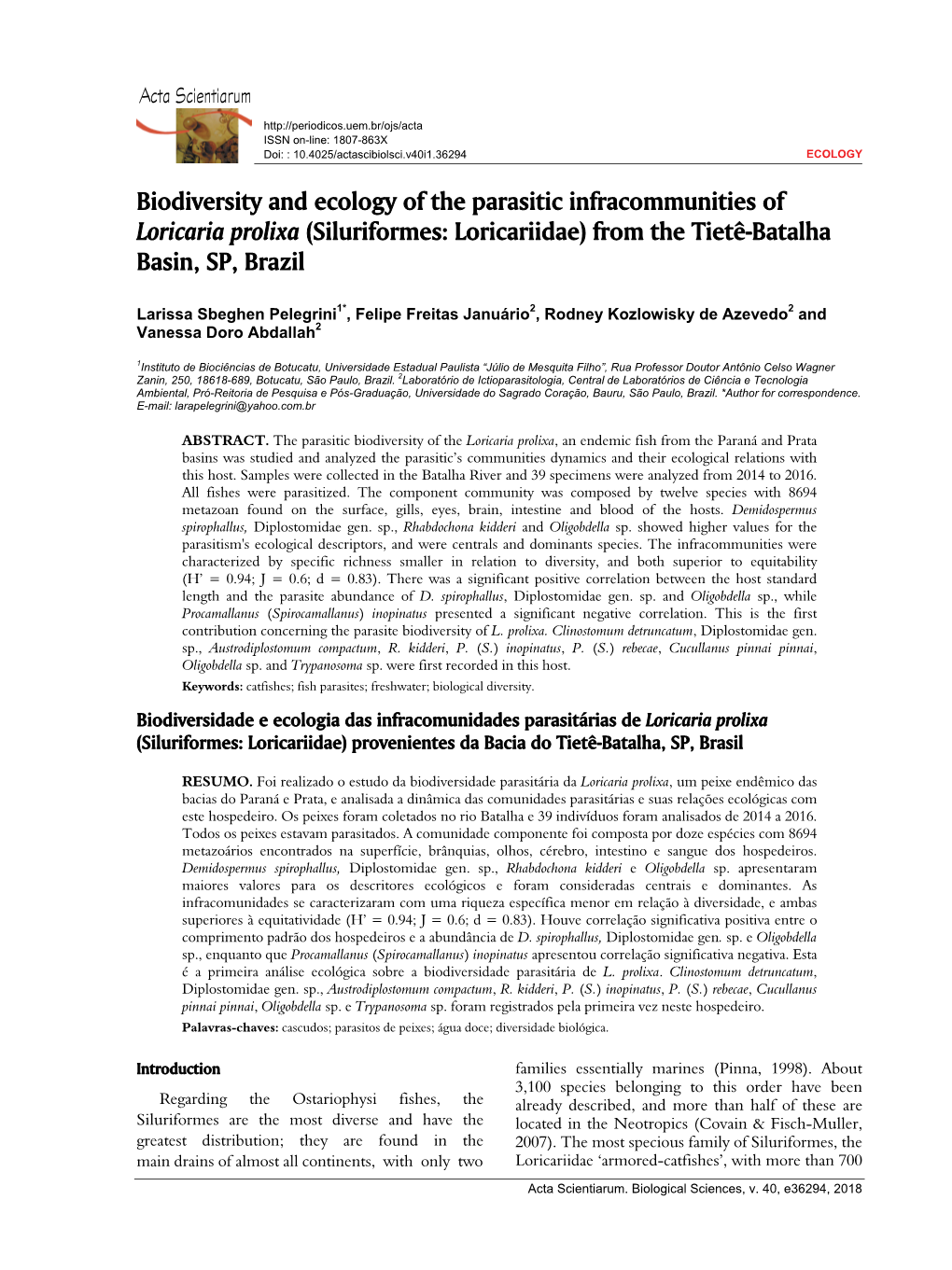 Biodiversity and Ecology of the Parasitic Infracommunities of Loricaria Prolixa (Siluriformes: Loricariidae) from the Tietê-Batalha Basin, SP, Brazil