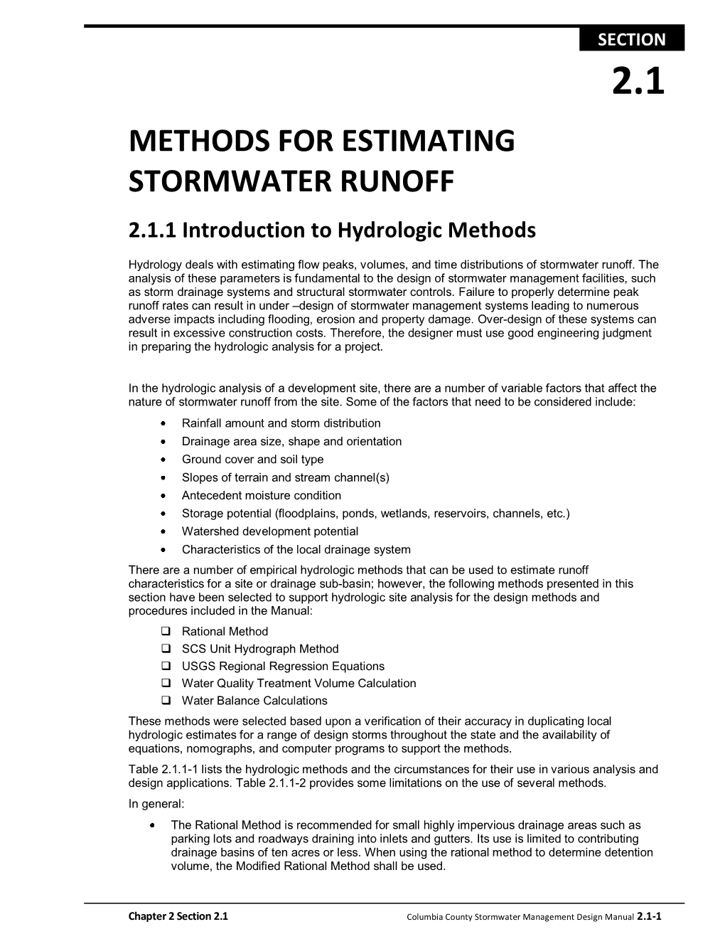 METHODS for ESTIMATING STORMWATER RUNOFF 2.1.1 Introduction to Hydrologic Methods
