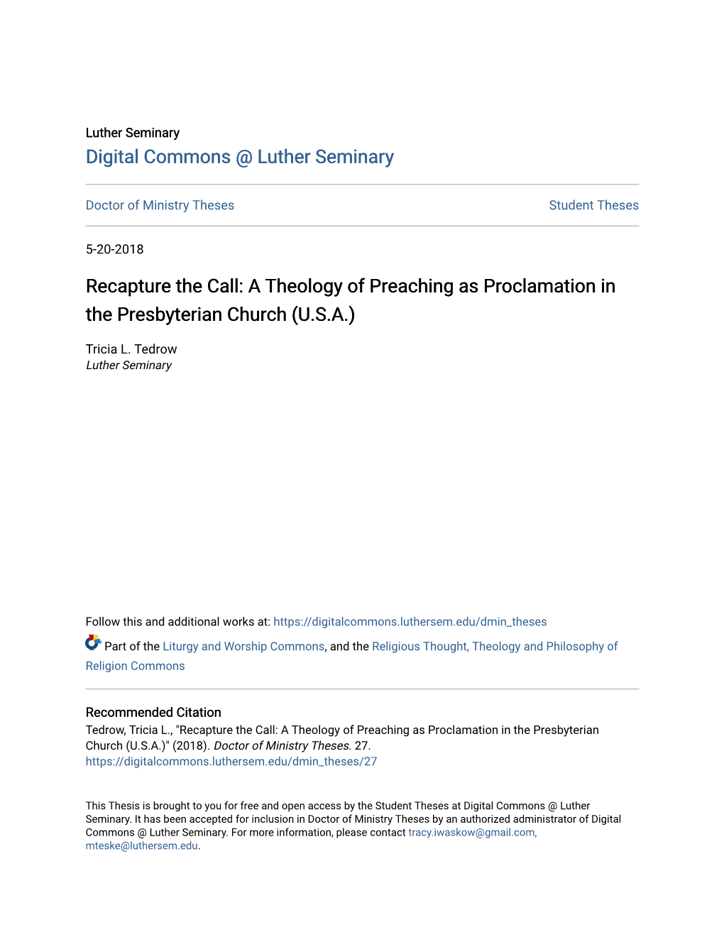 A Theology of Preaching As Proclamation in the Presbyterian Church (U.S.A.)