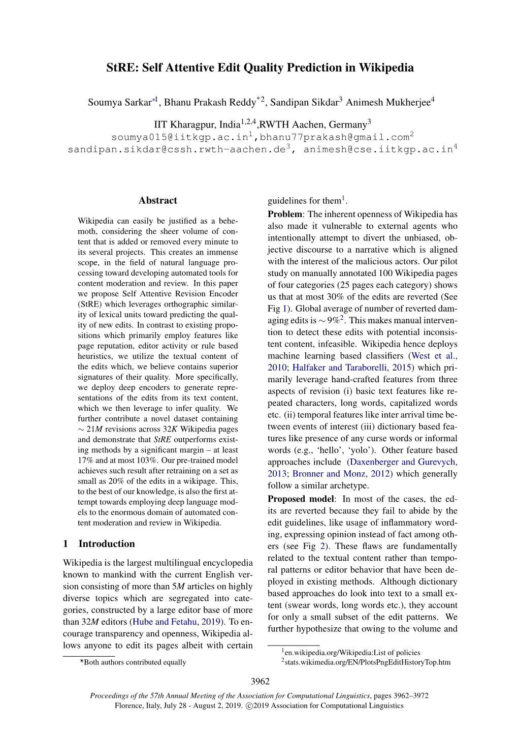 Stre: Self Attentive Edit Quality Prediction in Wikipedia