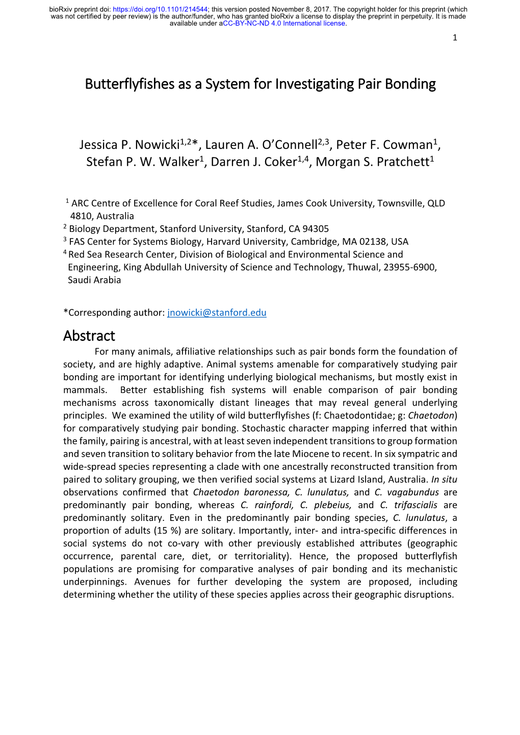 Butterflyfishes As a System for Investigating Pair Bonding