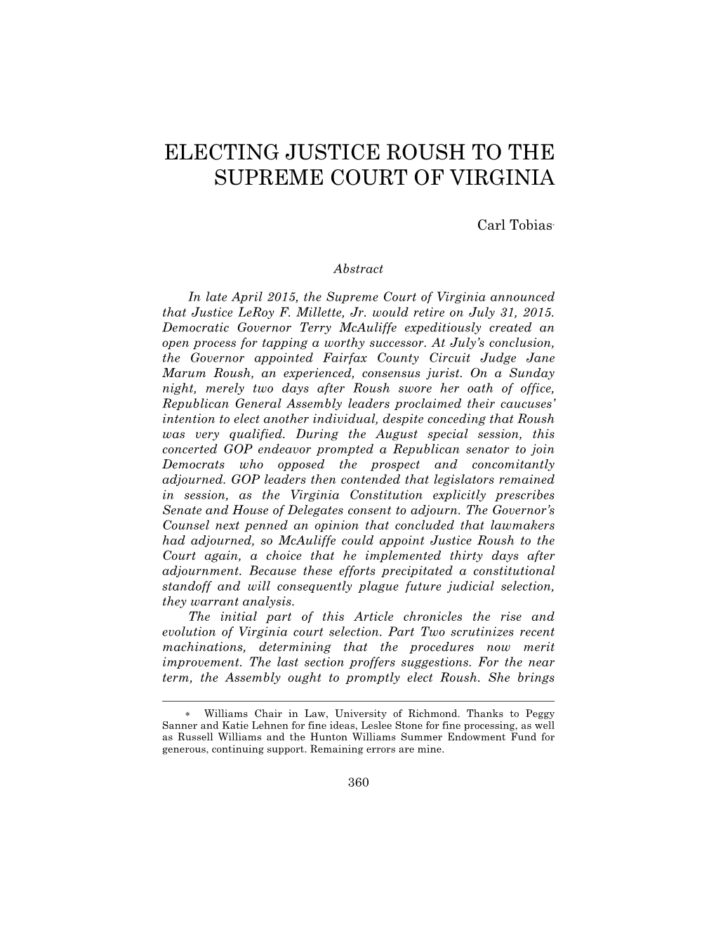 Electing Justice Roush to the Supreme Court of Virginia