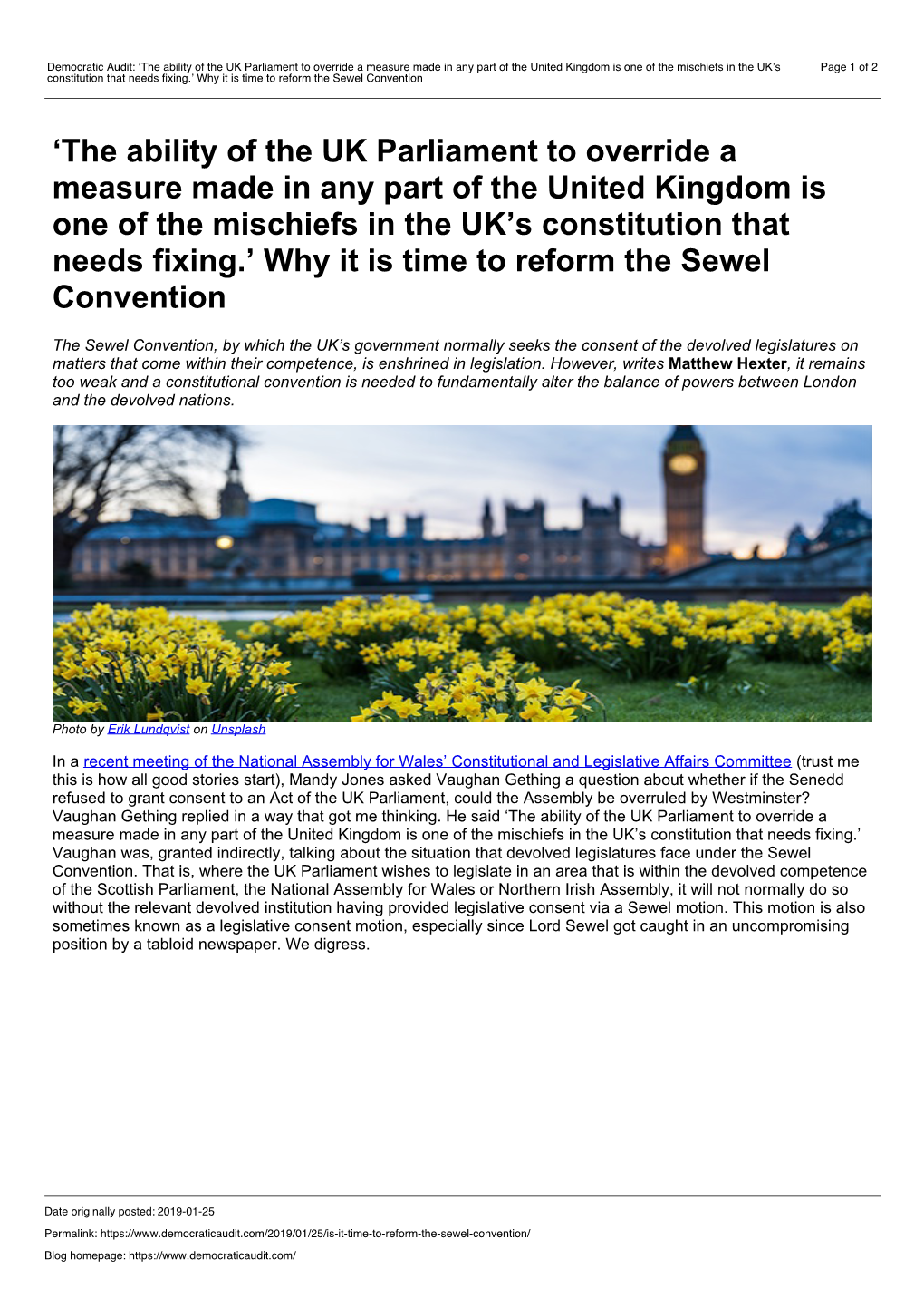 Democratic Audit: 'The Ability of the UK Parliament to Override a Measure Made in Any Part of the United Kingdom Is One Of