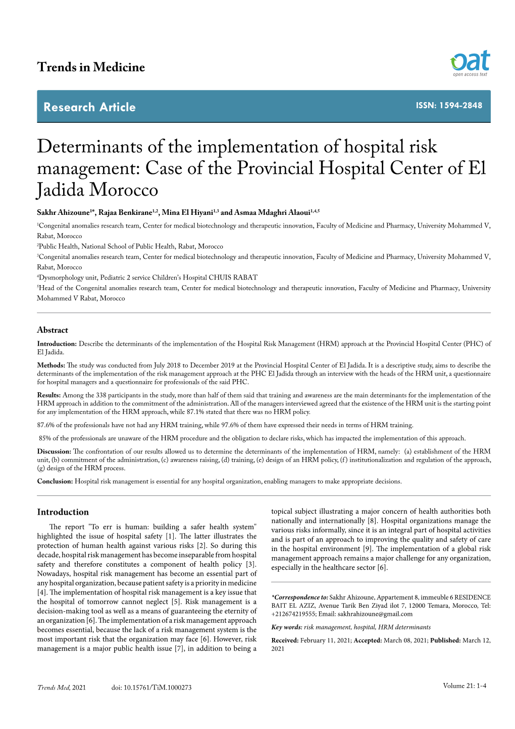 Case of the Provincial Hospital Center of El Jadida Morocco