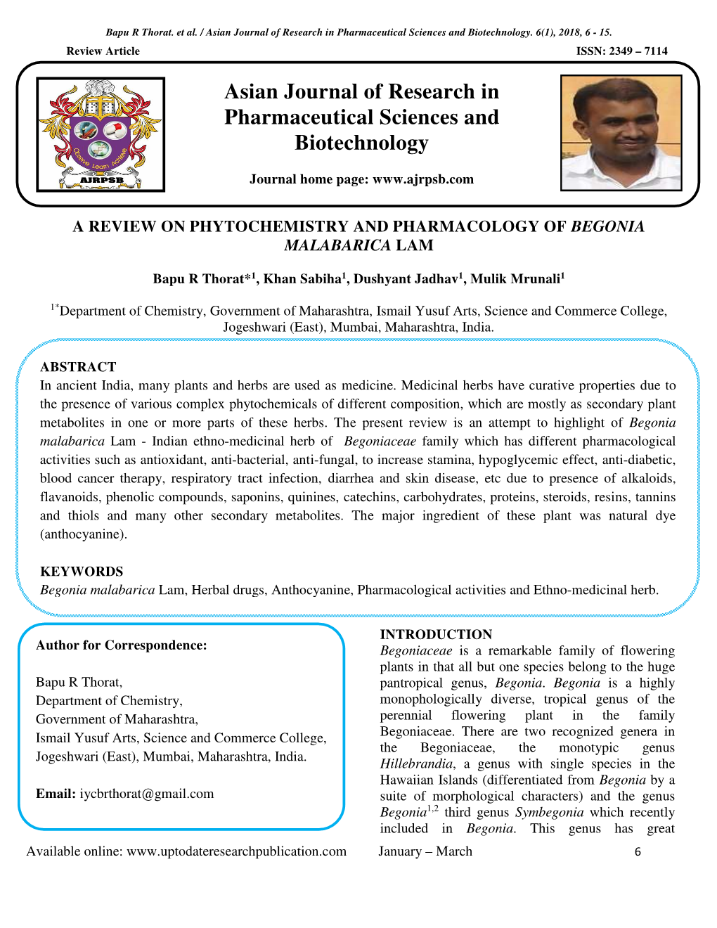 A Review on Phytochemistry and Pharmacology of Begonia Malabarica Lam