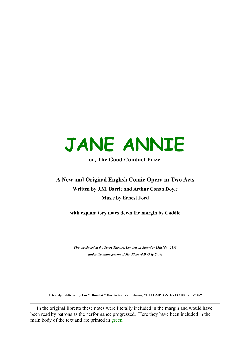 JANE ANNIE Or, the Good Conduct Prize