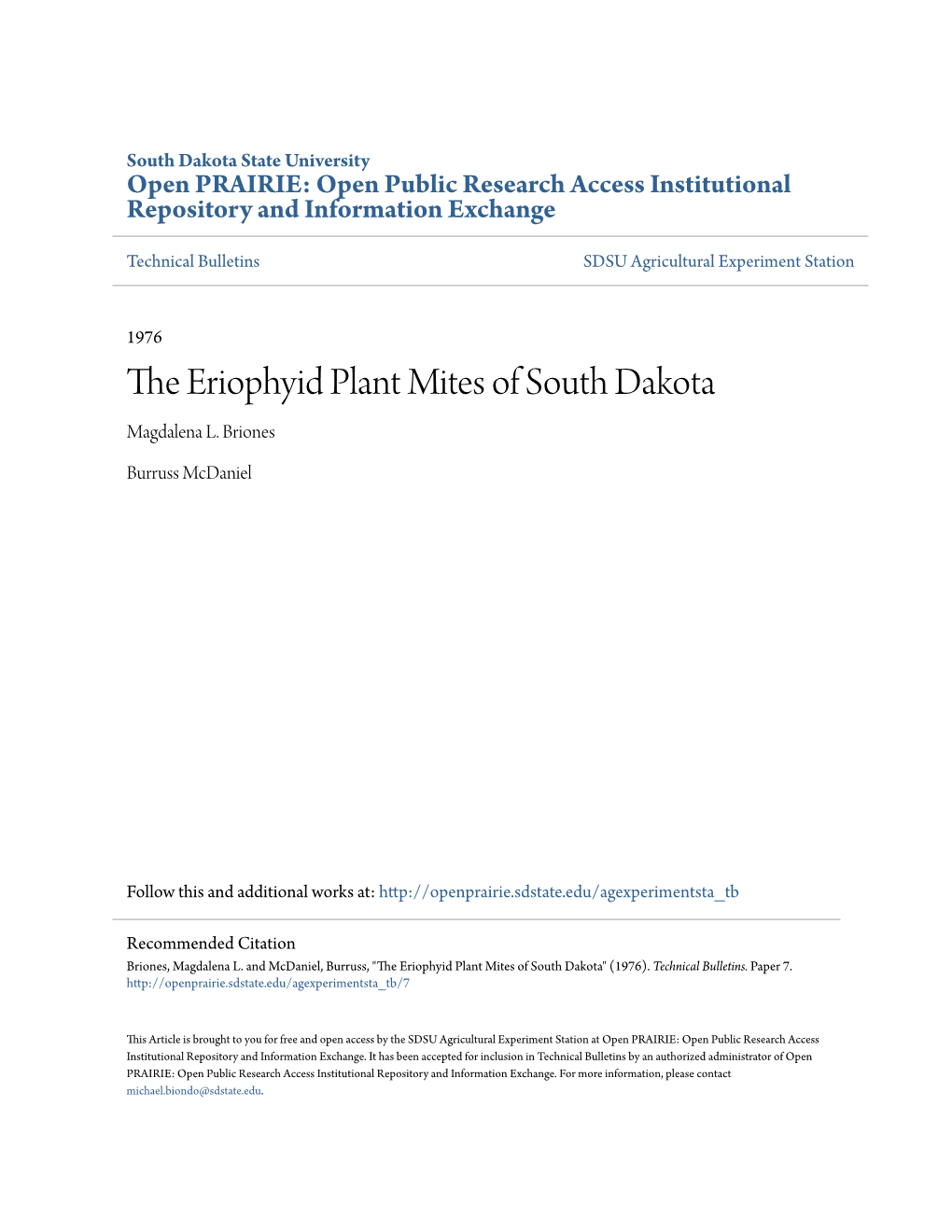 The Eriophyid Plant Mites of South Dakota