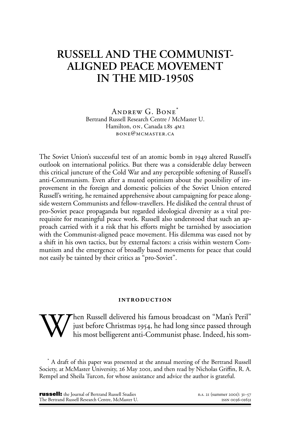 Russell and the Communist-Aligned Peace Movement in the Mid-1950S