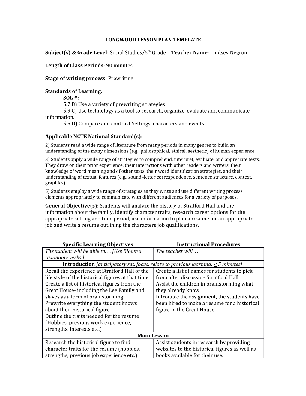 Longwood Lesson Plan Template