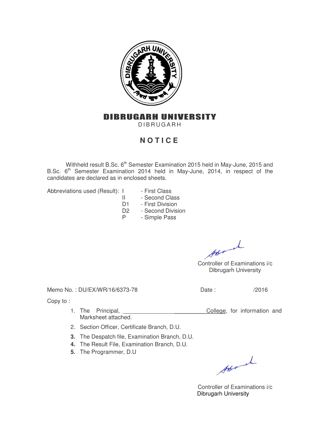 Dibrugarh University Notice