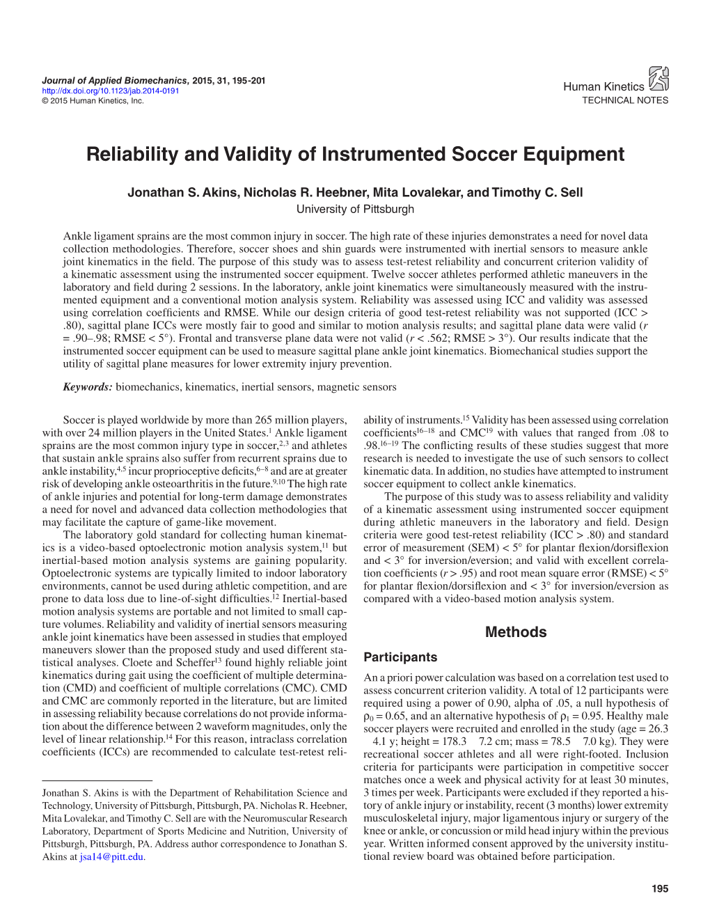 Reliability and Validity of Instrumented Soccer Equipment