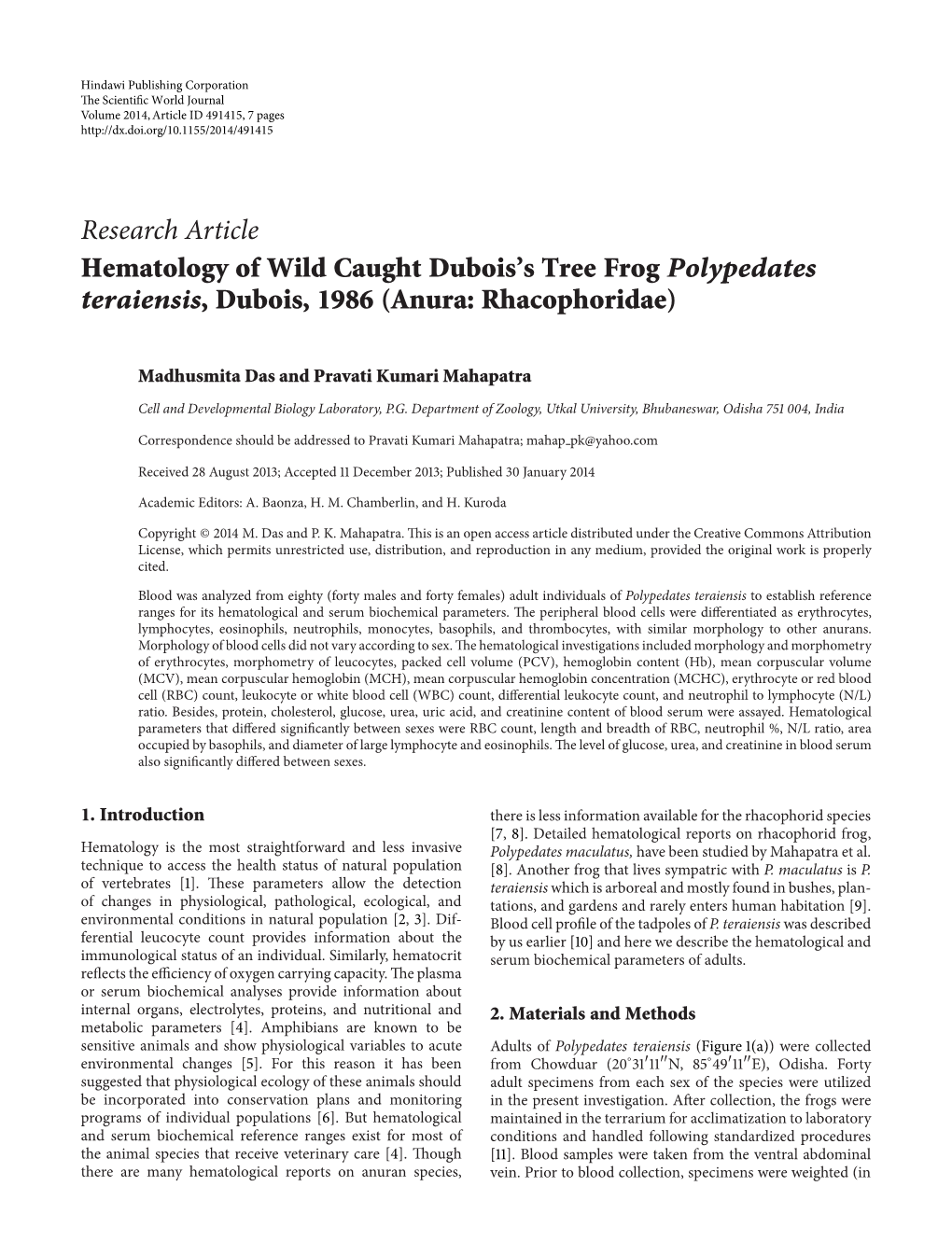 Hematology of Wild Caught Dubois's Tree Frog Polypedates Teraiensis