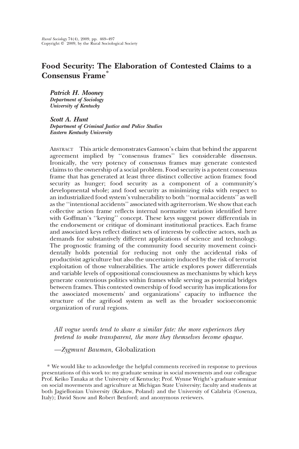 Food Security: the Elaboration of Contested Claims to a Consensus Frame*